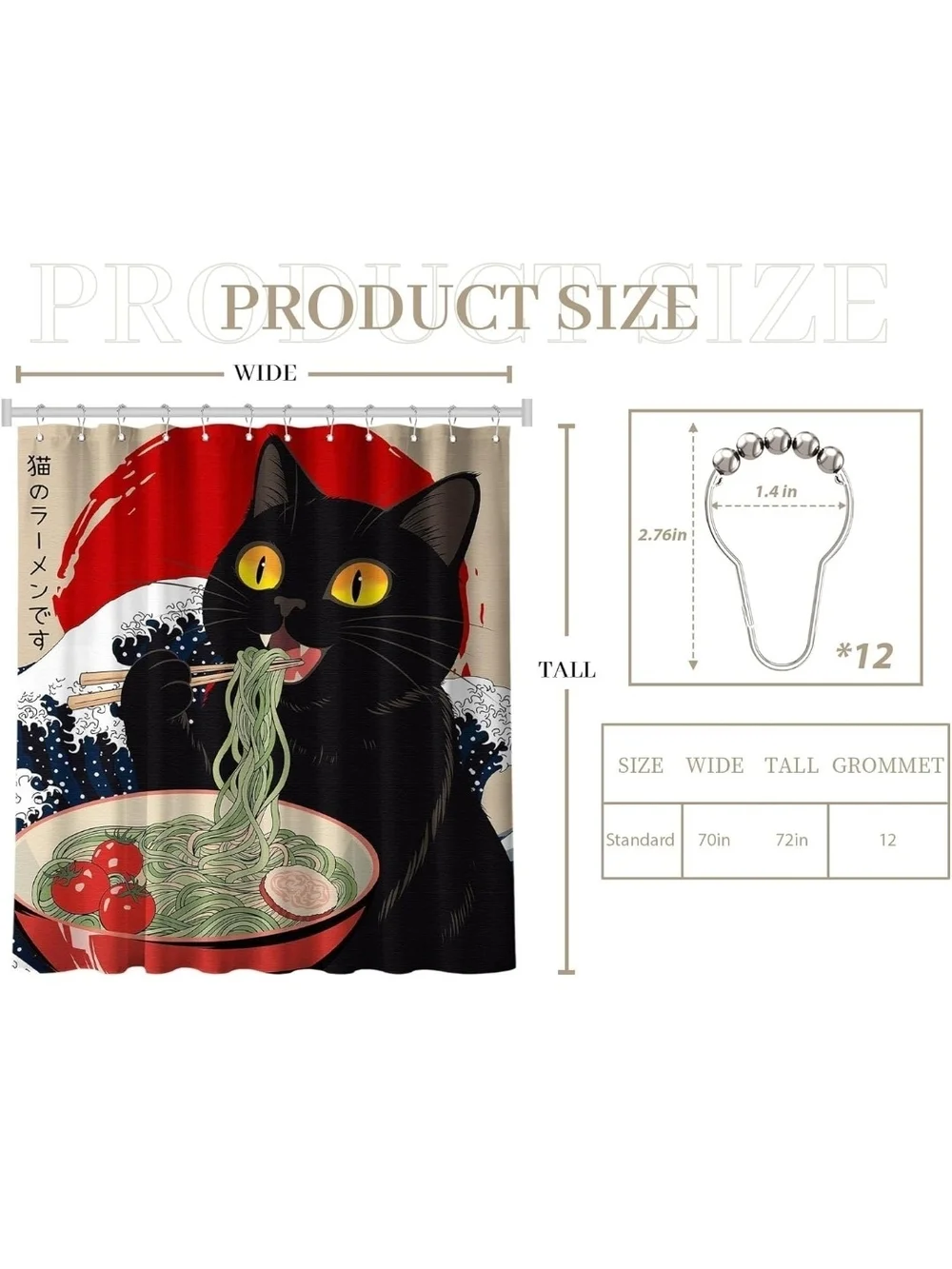 Black Cat Ramen Shower Curtain - Playful Bathroom Decor